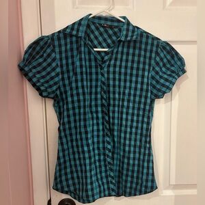 Y2K Teal and black gingham, short sleeve blouse, size XL